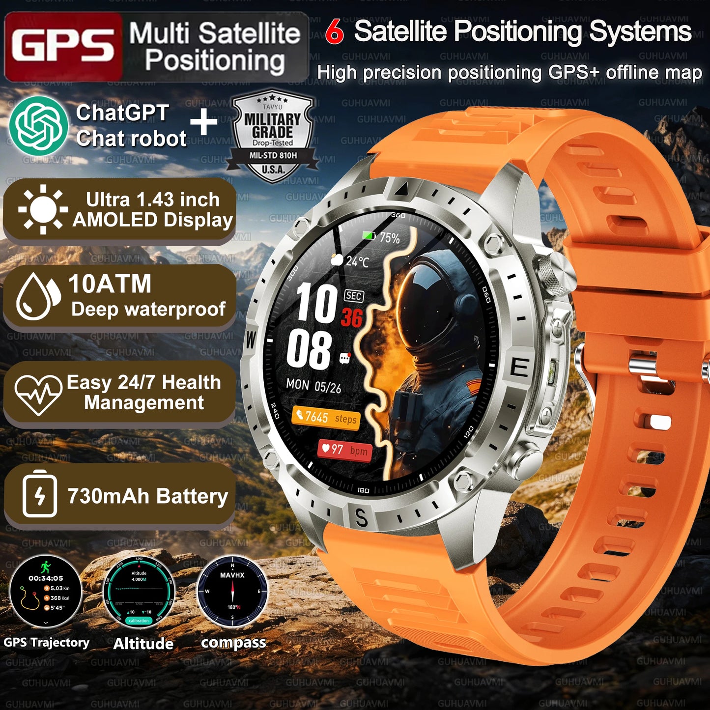 2026New Military Tank GPS SmartWatch Offline Map 10ATM Swim 2GB RAM Music Altitude Compass Bt Call Fitness Sports Smartwatch Men