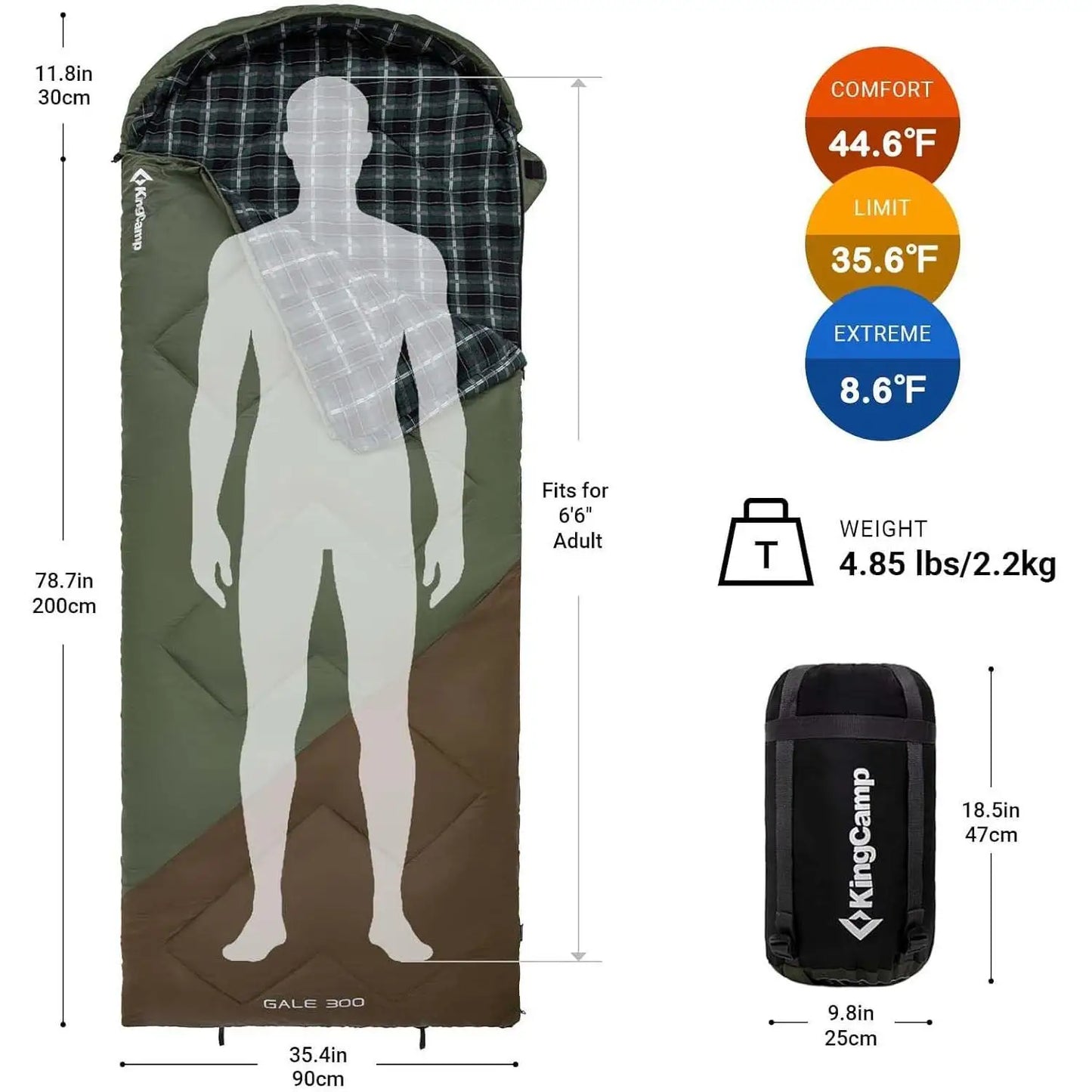 KingCamp Sleeping Bag for Adults, Cold Weather XL Big & Tall (74.8"x33.1" Fits 6.6ft), Cotton Flannel Lining & 300g/㎡ Hollow Fiber Fill (Comfort 44.6°F), Lightweight with Compression Sack, 2-Way Zipper for Couples, Outdoor