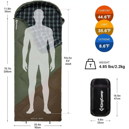 KingCamp Sleeping Bag for Adults, Cold Weather XL Big & Tall (74.8"x33.1" Fits 6.6ft), Cotton Flannel Lining & 300g/㎡ Hollow Fiber Fill (Comfort 44.6°F), Lightweight with Compression Sack, 2-Way Zipper for Couples, Outdoor