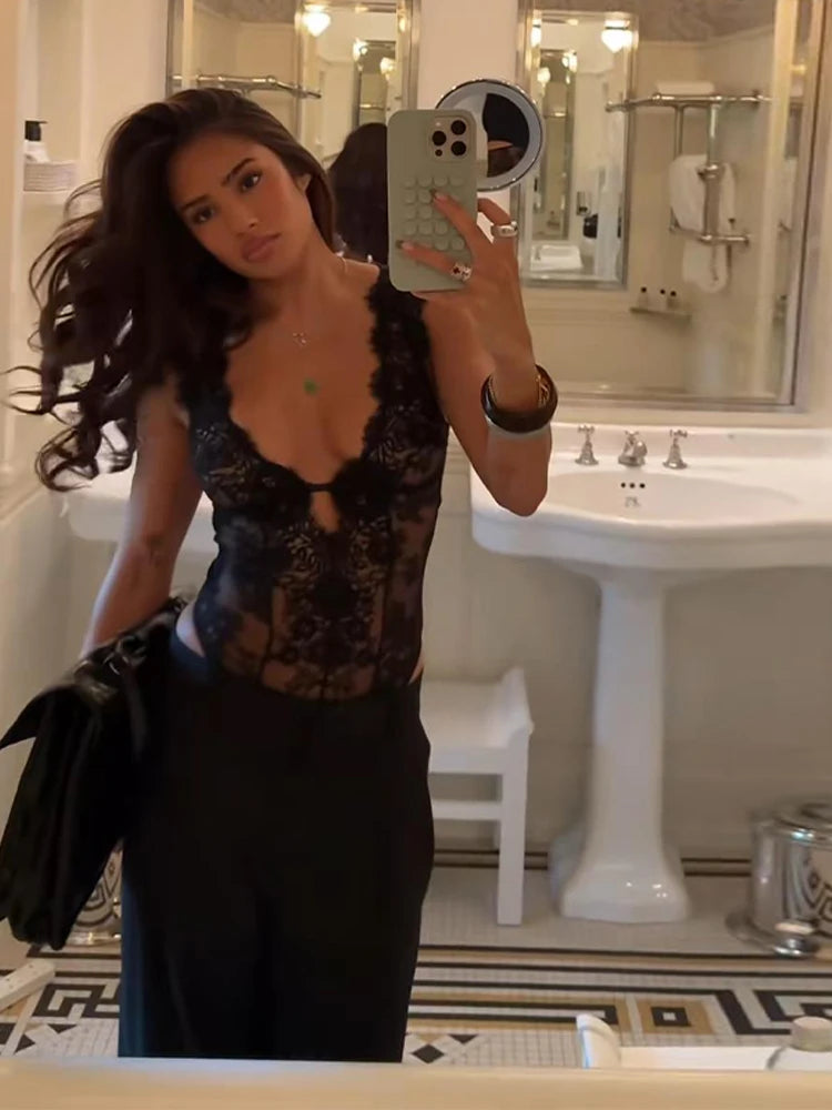 Women's Bodysuit Lace Patchwork Hollow Out Bodysuits Transparent Female Deep V See Through Partywear Spring Sexy Ladies Clubwear