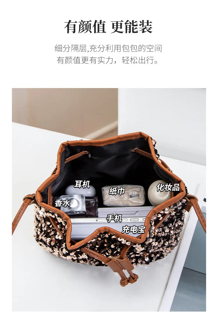 New Chic Multicolor Sequin Shing Shoulder Bag Fashion Versatile Handbag Drawstring Bucket Bag Large Capacity Wallet Purse Bags