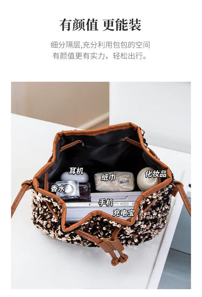 New Chic Multicolor Sequin Shing Shoulder Bag Fashion Versatile Handbag Drawstring Bucket Bag Large Capacity Wallet Purse Bags