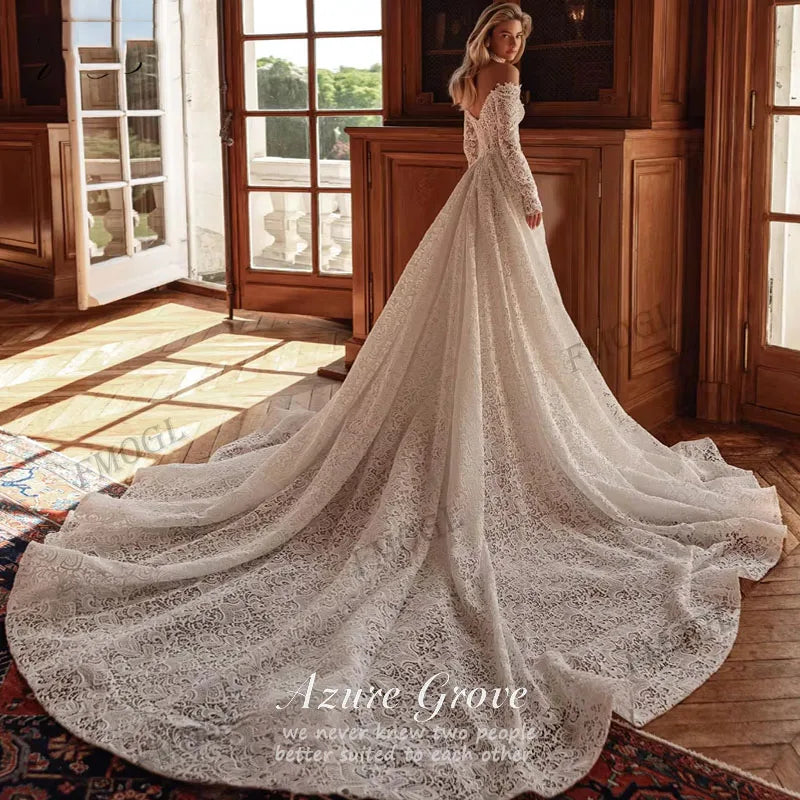 Azure Grove Customized Sweetheart Long Sleeve Pearls A Line Wedding Dresses Illusion Pearls Court Train Vintage Bridal Gown