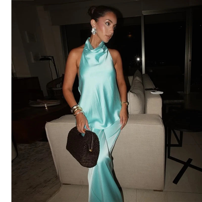 HXAO Satin Jumpsuits For Women Off Shoulder Halter Full Length Jumpsuit Summer Backless One Piece Wide Leg Long Pants Romper