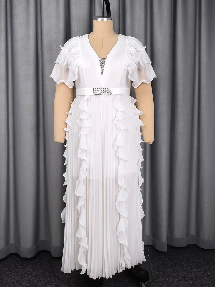 Plus Size Women V-neck Ruffle Jumpsuit White Ruffle Chiffon Wide-leg Rhinestone Belt Pleated Summer Elegant Casual Party Outfit