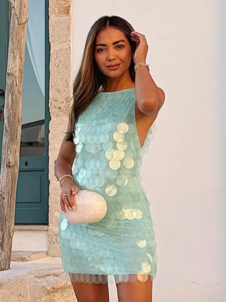 Sexy Sequin Sling Slim Short Dress Women Chic Sleeveless Off Shoulder Slim Dresses 2026 Lady Evening Party Club Vestidos New