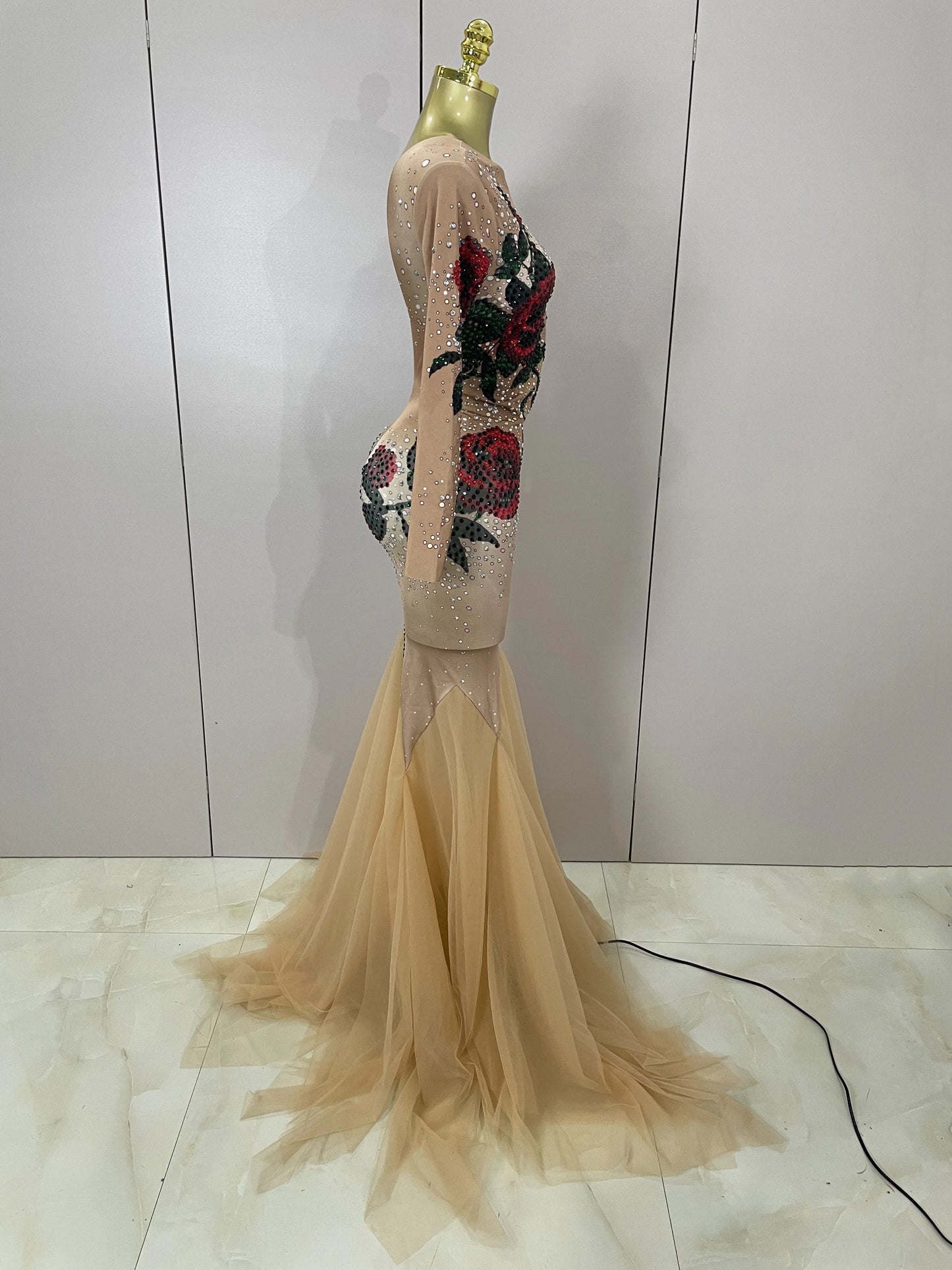 Women Sparkly Diamonds Rose Floral Long Sleeves Floor-Length Dress Eveing Celebrate Birthday Party Nightclub Sexy Stage Costume