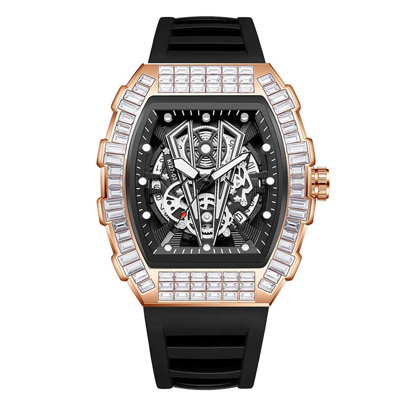 Classic Tonneau Full Diamond Case Quartz Watch Mens Fashion Top Casual Dial Rubber Personalize Watches  AAA Male Clock Relogio