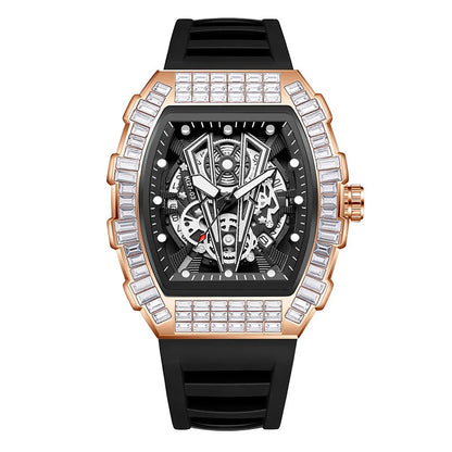 Classic Tonneau Full Diamond Case Quartz Watch Mens Fashion Top Casual Dial Rubber Personalize Watches  AAA Male Clock Relogio