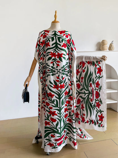 Boho Floral Print Abaya Kaftan Dress With Scarf, Loose Batwing Maxi Dress For Muslim Women Beach Holiday Wear