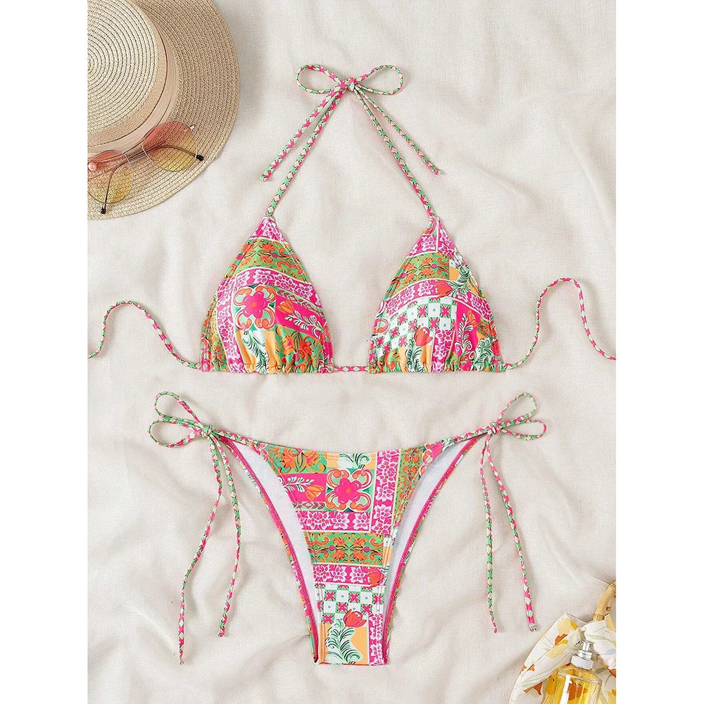 Swimsuit 2026 Female Micro Bikini Women Swimwear Summer Beachwear Women's Bathing Suit Floral Print Neck Halter Thong Bikini Set