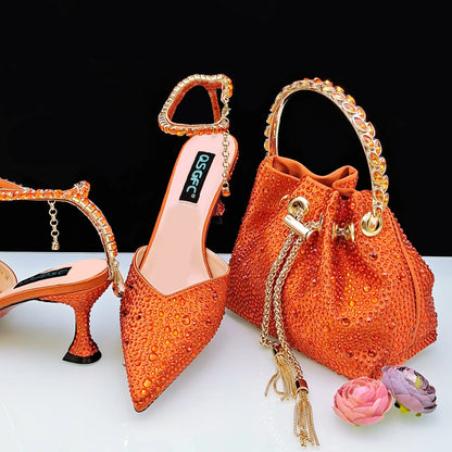QSGFC New Gold Glitter Fabric Pointed Toe High Heels With A Variety Of Shapes Of Rhinestones Fashion Party Ladies Shoes And Bag