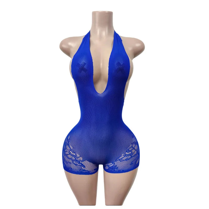 Sexy Halter V-neck Lace Romper for Woman Jumpsuit Short Rave Festival Clothing Sleeveless Backless Club Party Playsuit Body Suit