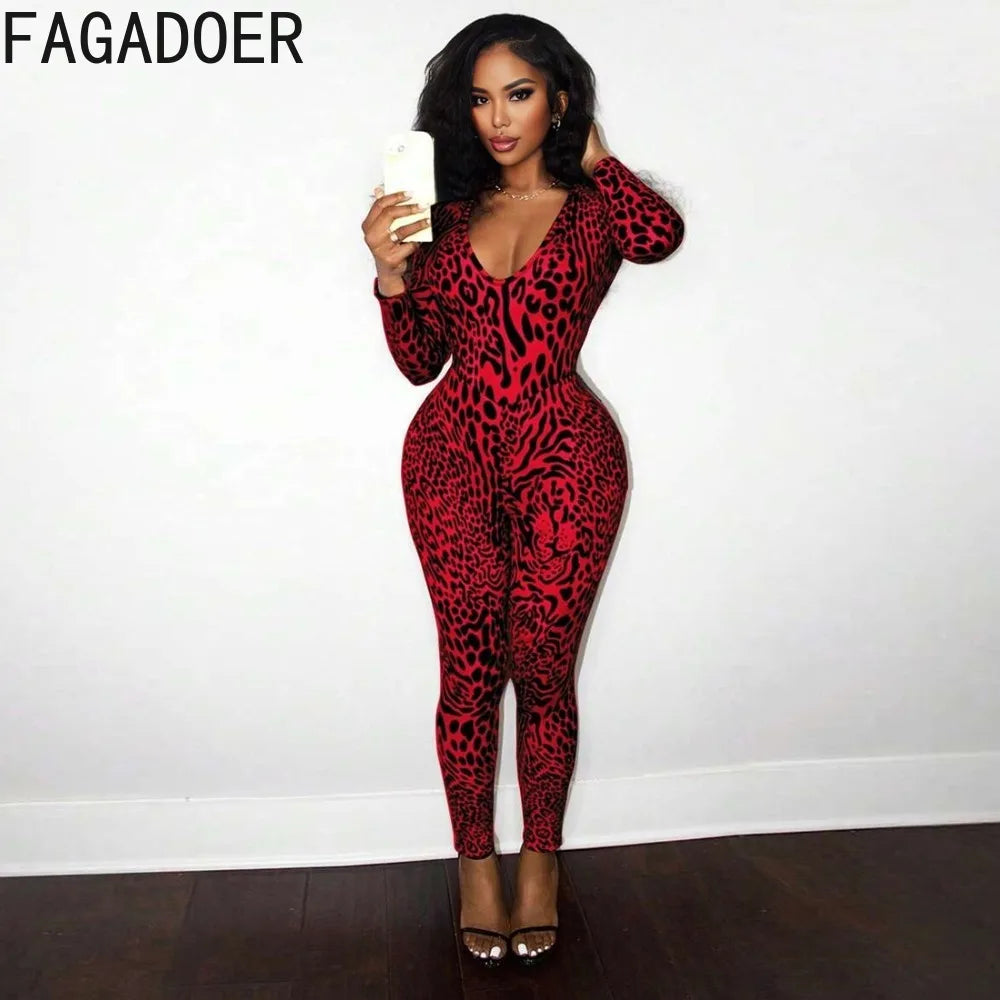 FAGADOER Fashion Leopard Printting Patchwork Bodycon Jumpsuits Woman Low-cut Long Sleeves Rompers Female Streetwear Overalls New