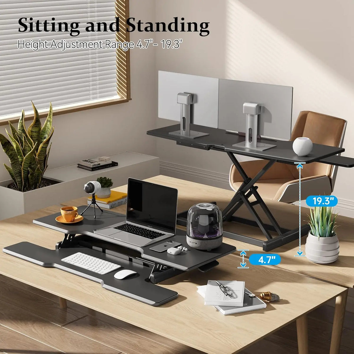 42 Inch Standing Desk Converter Quick Sit Stand Desk Riser Height Adjustable Stand Up Desk Keyboard Tray Dual Monitor Computer L