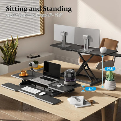 42 Inch Standing Desk Converter Quick Sit Stand Desk Riser Height Adjustable Stand Up Desk Keyboard Tray Dual Monitor Computer L
