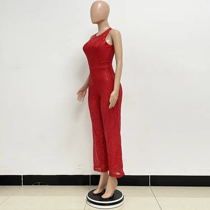 Bling Bling Sequined Club Jumpsuit Sexy Women O-neck Elegant Shiny Sliver Gold Sequins Straight Romper Overalls
