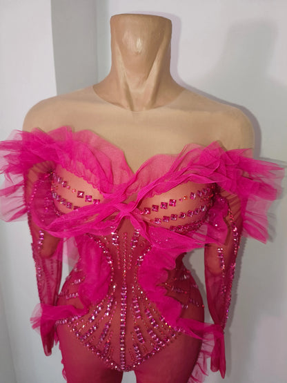 Luxury Rhinestone Mesh Bodysuit Ruffle Frill and Asymmetrical Design Formal Events Photoshoots Stage Performance Party Outfit