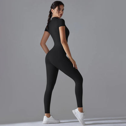 Womens Jumpsuits Short Sleeve Yoga Slim Fit Stretch One Piece Romper Sexy Fitness Female Basic Sportwears Black Zipper Ladies