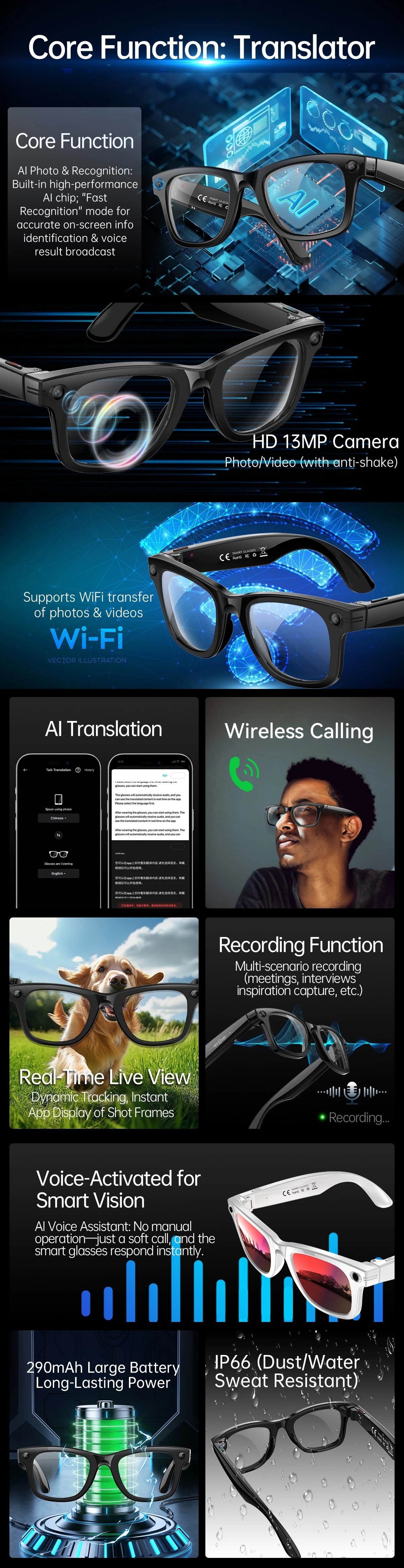 LIGE New 4K Smart Glasses 1300W HD Camera 290mAh Long Battery Life 88+Language Translation Bluetooth Call Waterproof Sunglasse