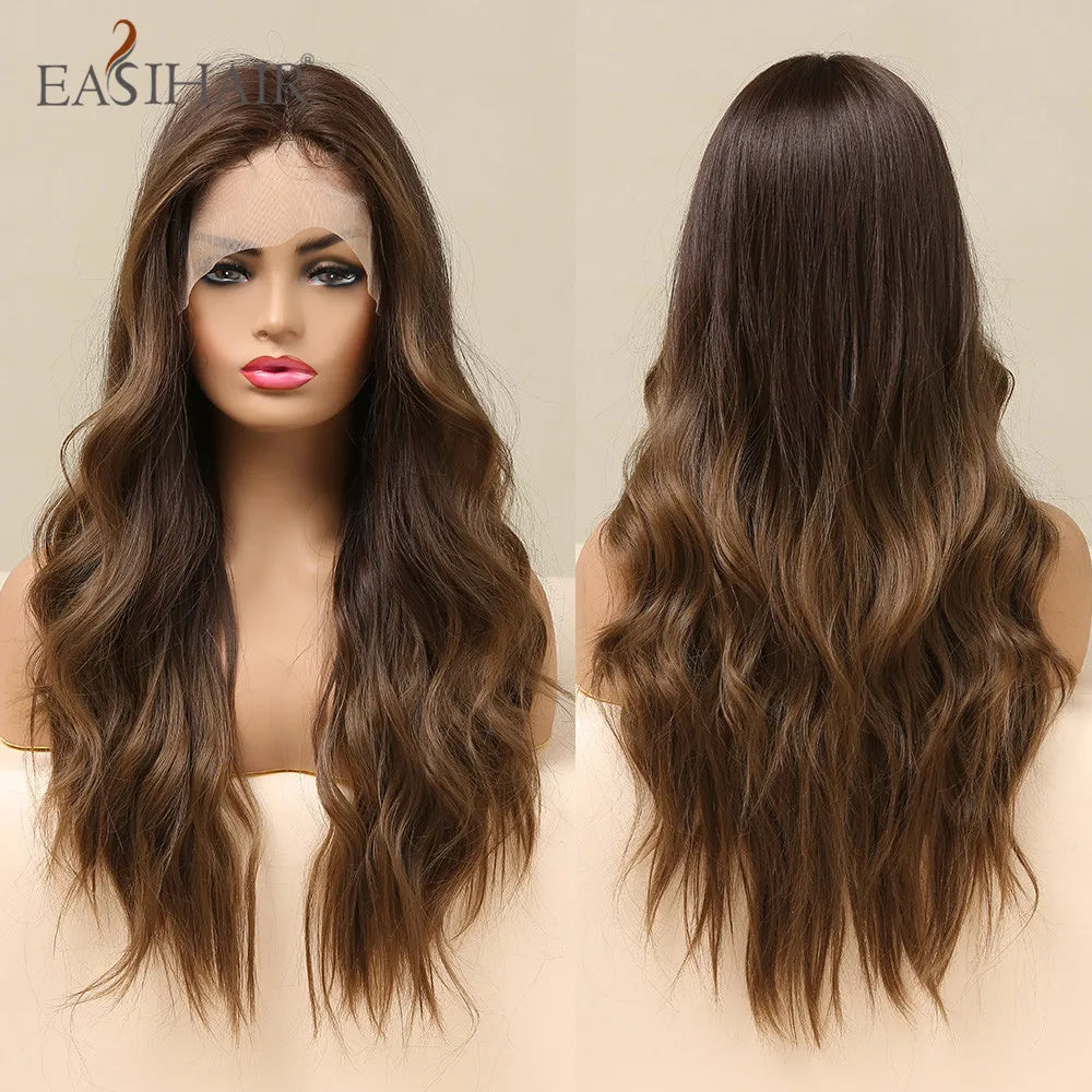 EASIHAIR Lace Front Hair Wigs Brown Long Straight Synthetic Lace Wigs for Black Women Daily Cosplay Party Heat Resistant Fibers