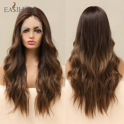 EASIHAIR Lace Front Hair Wigs Brown Long Straight Synthetic Lace Wigs for Black Women Daily Cosplay Party Heat Resistant Fibers