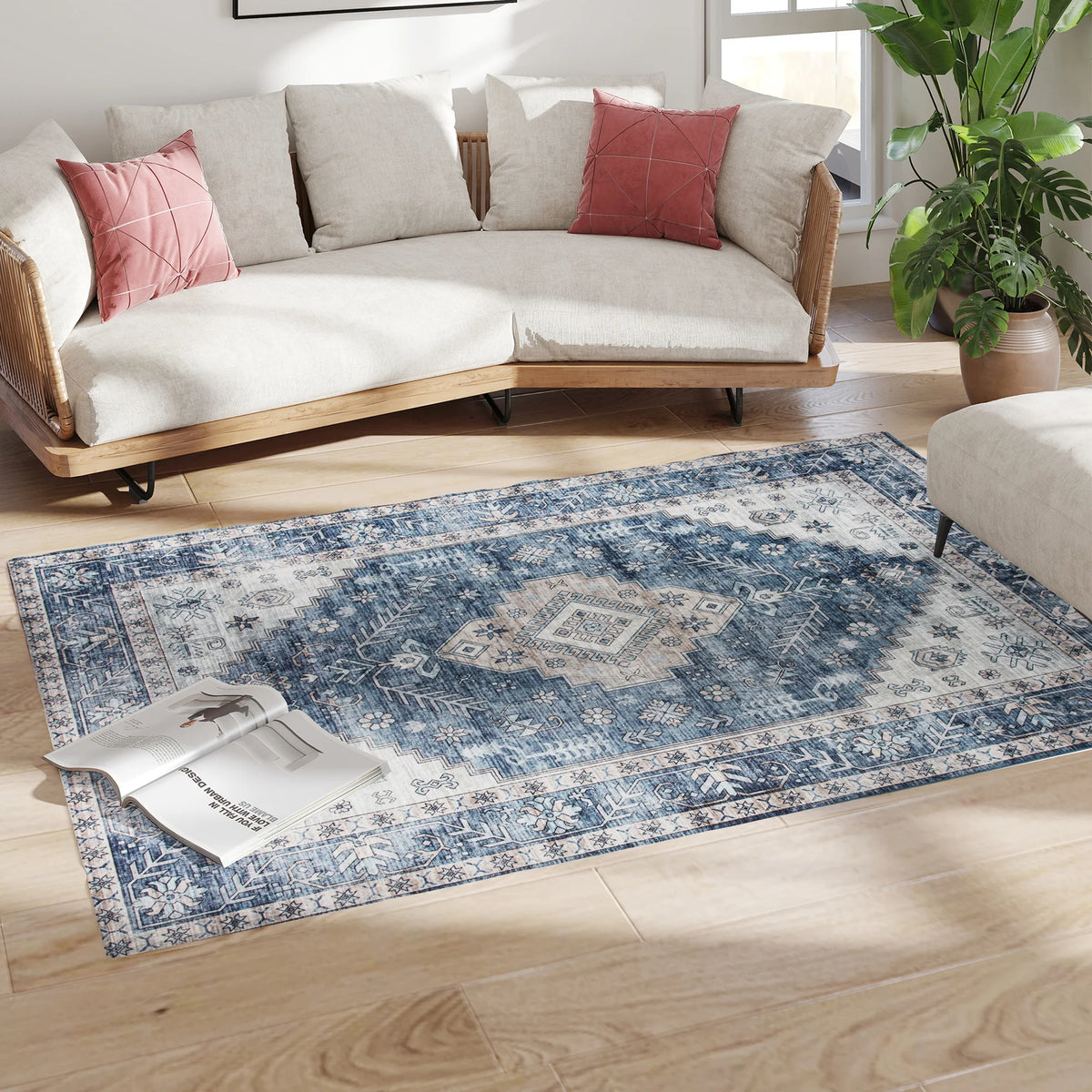 Machine Washable Area Rug, 4'x6' Vintage Oriental Medallion Distressed Rugs Soft Printed Floor Mat, Blue