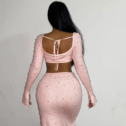 Luxury Y2k Bodycon Sexy Two-piece Set Skirt Sets Sequins Pearls Women Outfits Evening Party Gowns Chic Dresses Short Suits White