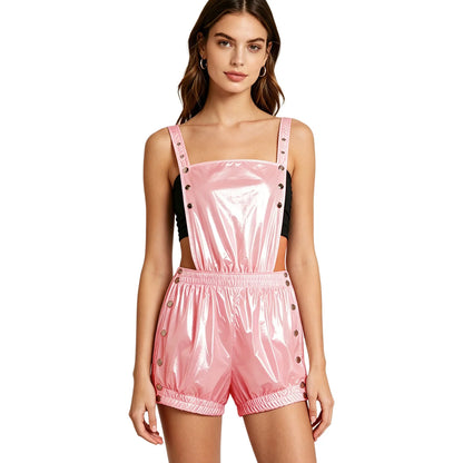 Funny Backless Overalls Rompers for Women Waterproof Tear Away Unitard Press Buttons Ruffled Trims Bodysuit for Nightclub Party