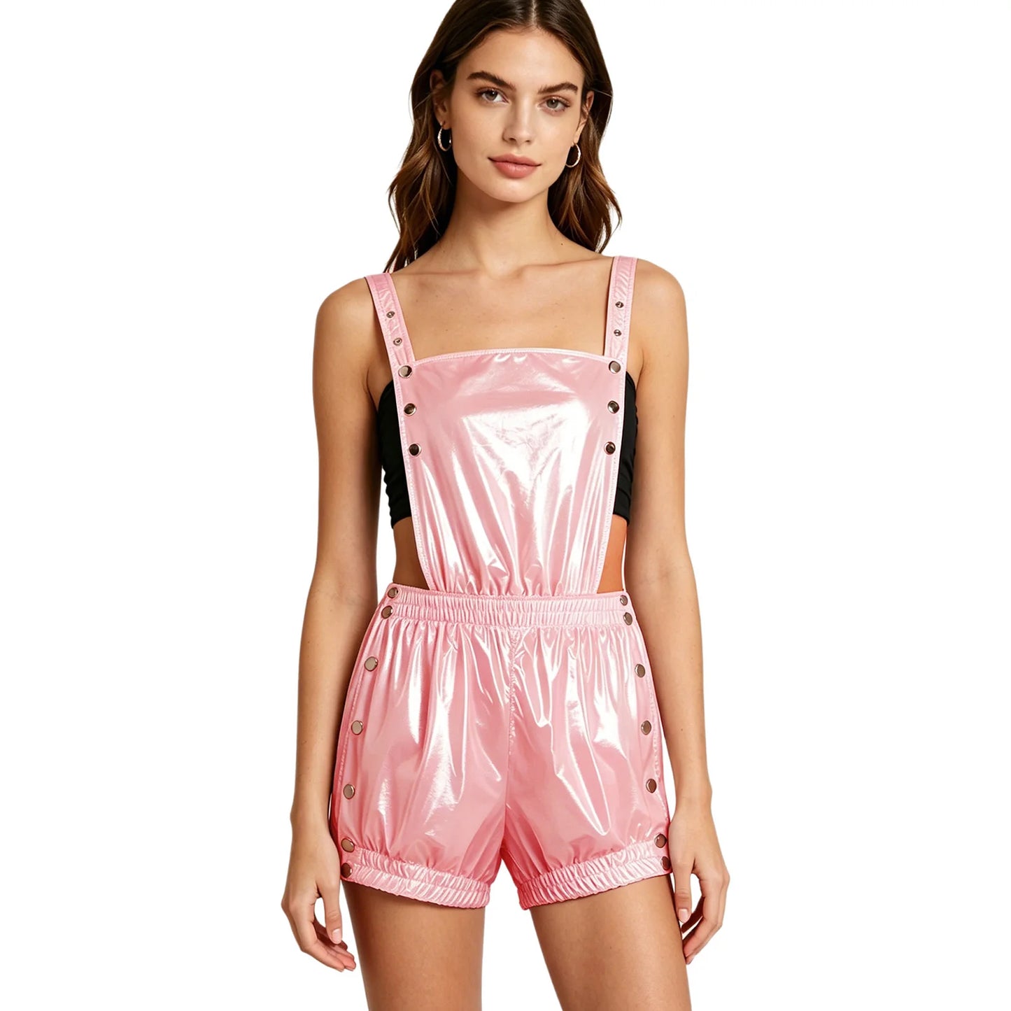 Funny Backless Overalls Rompers for Women Waterproof Tear Away Unitard Press Buttons Ruffled Trims Bodysuit for Nightclub Party