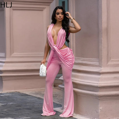 HLJ Sexy Solid Color Bodycon Jumpsuits Women Halter Deep V Neck High Waist Ruched Flare Rompers Party Club Streetwear Overalls