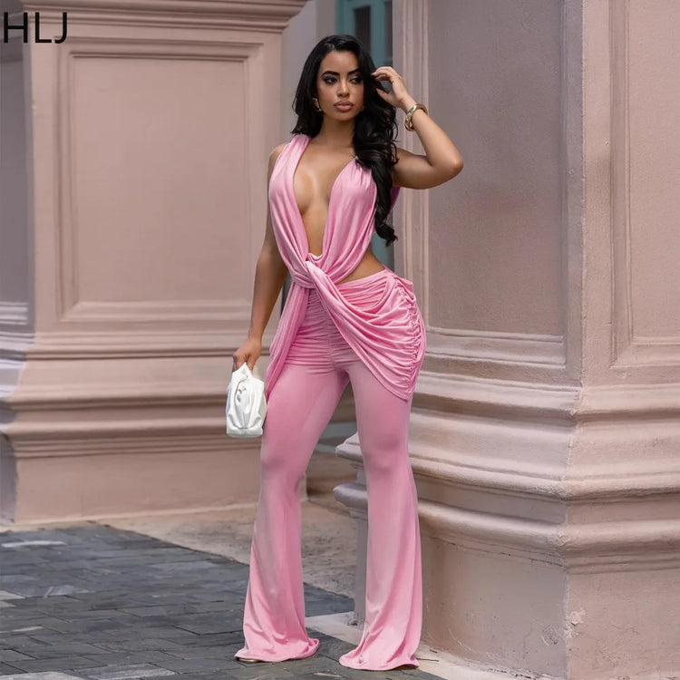 HLJ Sexy Solid Color Bodycon Jumpsuits Women Halter Deep V Neck High Waist Ruched Flare Rompers Party Club Streetwear Overalls