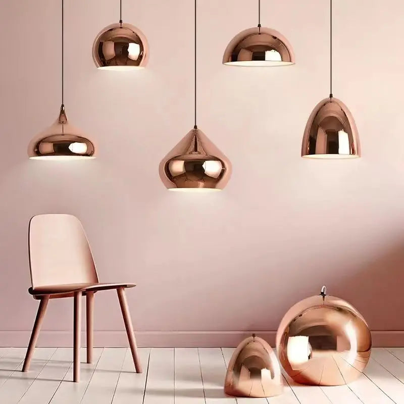 Nordic Rose Gold Pendant Lights Plated Metal Hanging Lamp Fixtures Dining Room Kitchen Island Bar Cafe Indoor Decor Lighting E27