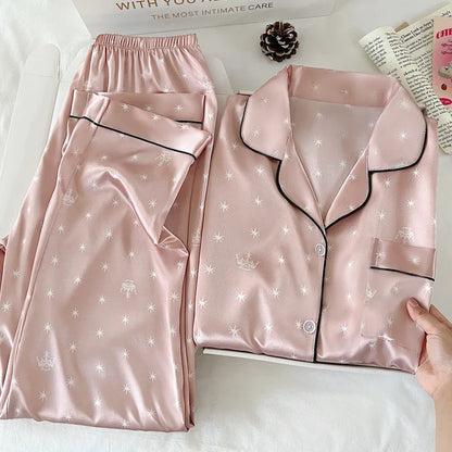 Japanese-Style Cute Girl Star Print Ice Silk Nightwear Women's Spring and Autumn Long-Sleeved Long Pants Homewear Actual Photo