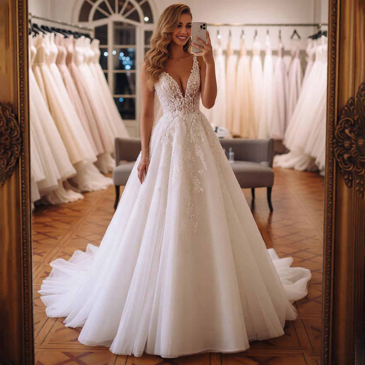 Elegant Tulle V Neck Lace Ball Gown Wedding Dresses For Bride Vestidos Novia Long Puffy Appliques Bridal Party Gown With Train