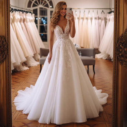 Elegant Tulle V Neck Lace Ball Gown Wedding Dresses For Bride Vestidos Novia Long Puffy Appliques Bridal Party Gown With Train