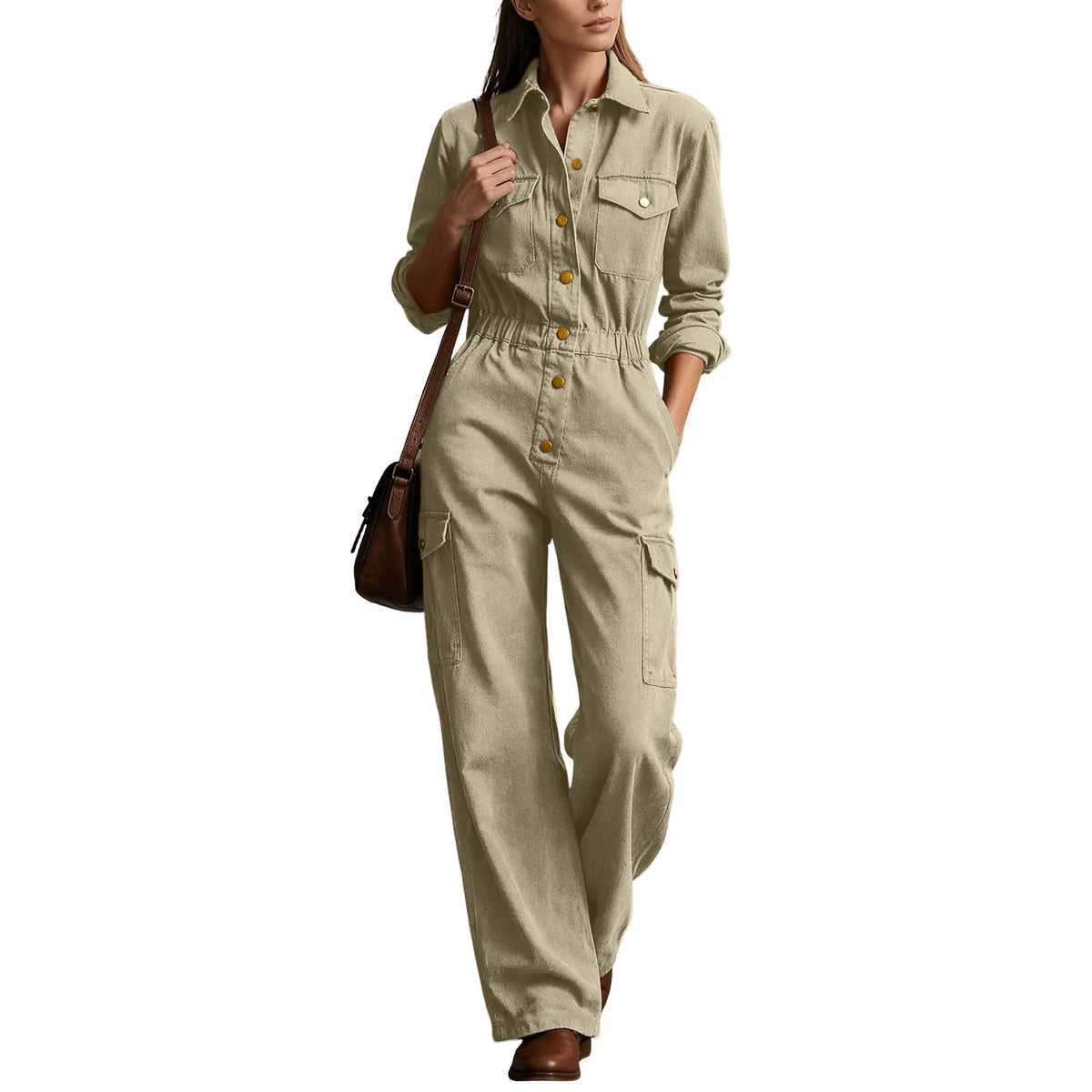 Casual Lapel Button High Waist Romper Autumn Fashion Lady Pocket Playsuits Overalls Vintage Long Sleeve Wide Leg Jumpsuits