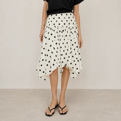 Women's Vintage Polka Dot Asymmetrical Hem Skirt White Black High Waist Drawstring Flowy Casual Midi Skirt Streetwear