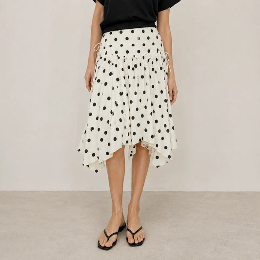 Women's Vintage Polka Dot Asymmetrical Hem Skirt White Black High Waist Drawstring Flowy Casual Midi Skirt Streetwear
