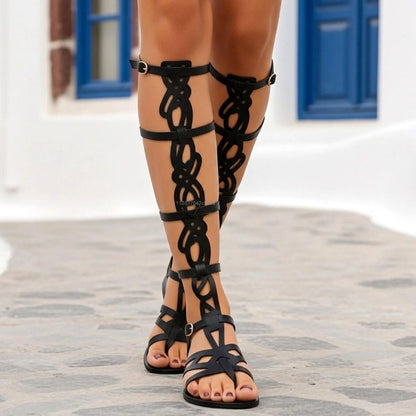 Women Hollow Out Multi Buckle Strap Flat Open Toe Shoes Greek Style Knee High Gladiator Sandals Summer Vacation Festival Sandal