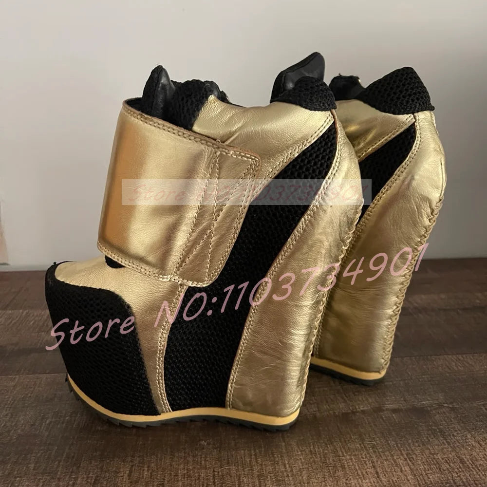 Gold Patchwork Platform Boots Women Round Toe Wedge Ankle Boots Ladies Hook Loop Closure Sneaker Heel Footwear
