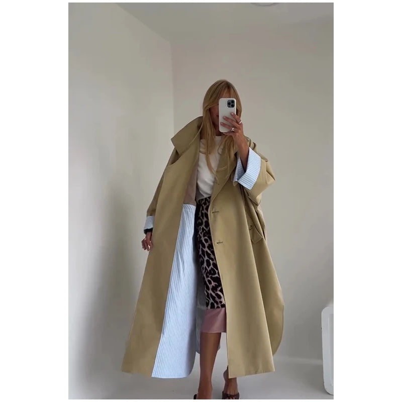 Women Black Long Solid Color Trench Coat Stand Collar Loose Drop Shoulder Single-breasted Windbreaker Lady Commute Outing Wear