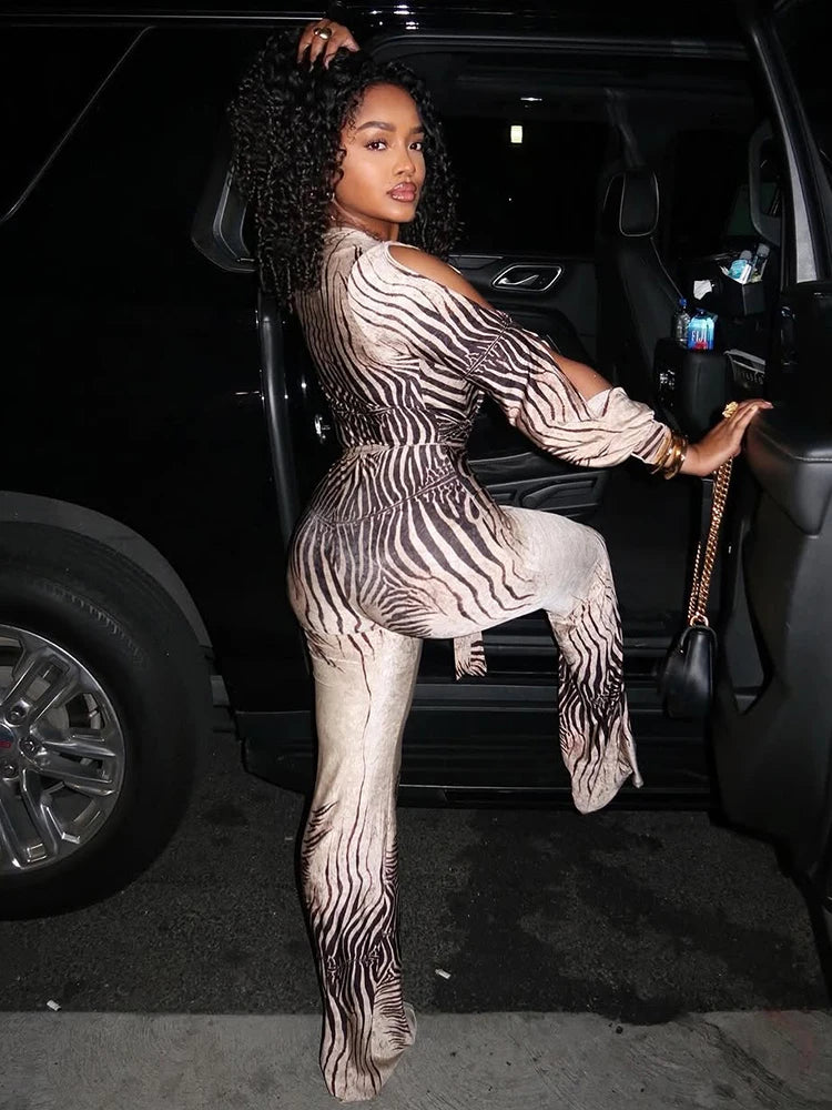 Nibber Deep V-Neck Jumpsuit Woman Stripe Patchwork Flared Hollow Full Sleeve Street Off Shoulder Sexy Fashion Style Overalls