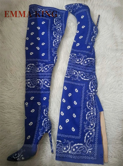 Autumn Winter Women Thigh High Boots Bandana Prints Bad Girl Heels Shoes Pointy Toe Silk Stiletto Botas Altas Mujer Size 35-44