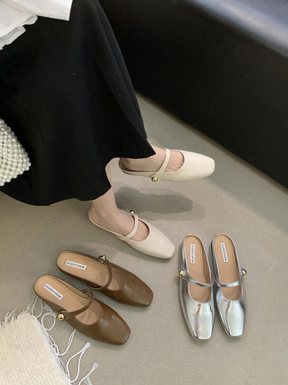 Soft Leather 2025 Ins Silver Buckle Strap Casual Shoes Fashion Flats Elegant Glitter Metallic Mules Shoes Cover Toe Slippers