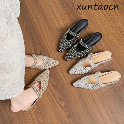 Luxury Rhinestone Pointed Toe Slippers for Women Sexy Backless Flats Mules Sandals Elegant Party Dress Mary Jane Shoes Ladies