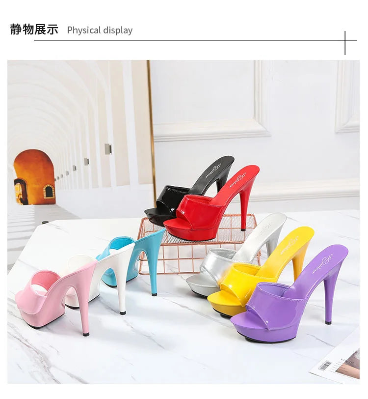 13CM Woman Slippers Mule Patent Leather Sandals Sexy Fashion Slides Party Shoes for Women Luxury Black Summer Platform Sandals