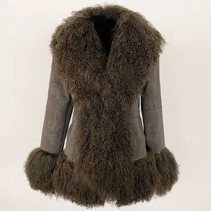 OFTBUY New Winter Warm Curly Mongolia Sheep Fur Jacket Women Vintage Shearling Coat Slim Faux Suede Real Rabbit Fur Clothing