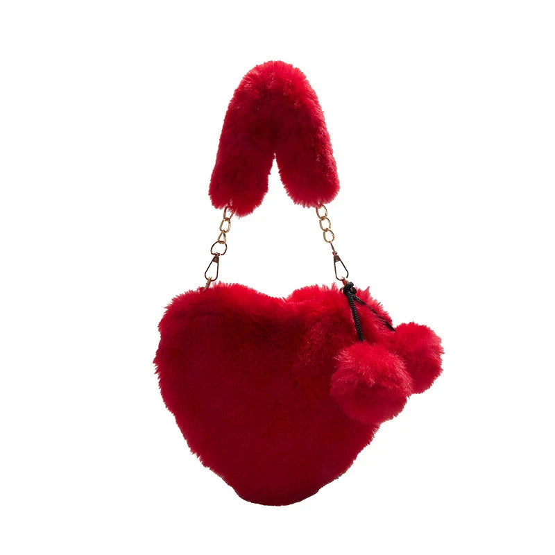 Large Capacity Fur Handbag Heart Shape Ladies Shoulder Bag Fashionable Cute Soft Zipper Closure Interior Phone Pocket