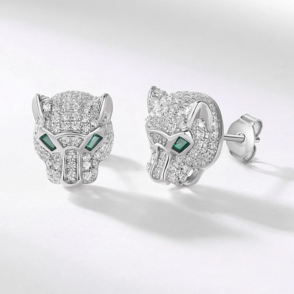 ALLNOEL 100% 925 Silver Stud Earrings For Women Leopard Head Green CZ Eye Panther Animal Jewelry Hip Hop Punk Gift Wholesale
